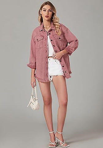 Faded Rose Button-Up Oversized Women's Denim Shacket