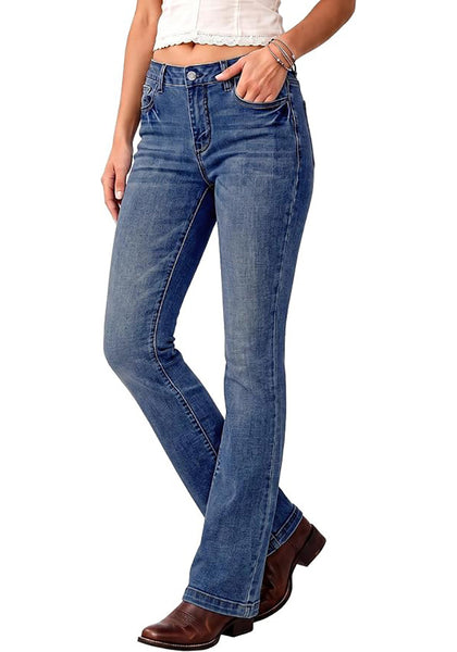 Vintage Blue Women's Trendy Mid Rise Bootcut Jeans — Stretchy Western Denim Pants with 90s Vintage Flare & 30.5" Inseam
