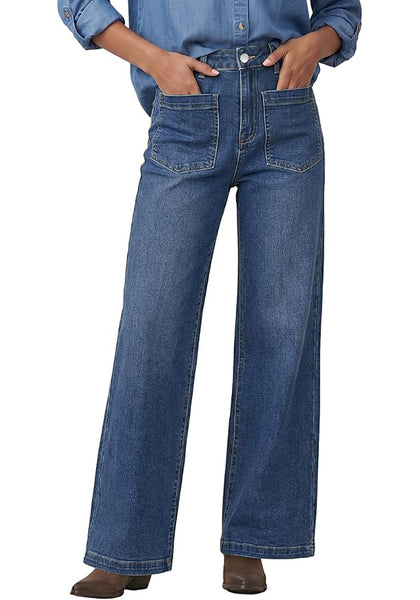 GRAPENT Women's High Waisted Wide Leg Jeans | Soft Stretch Denim, Patch Pocket, 29.5" Inseam, Full Length, Casual Work Outfits