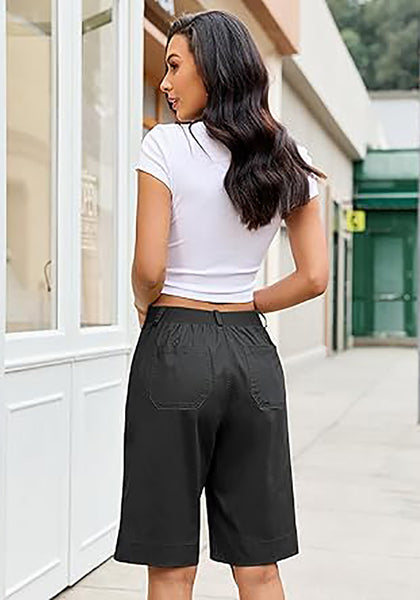 LookbookStore Women's Black High Waisted Knee Length Bermuda Shorts Casual Dressy Chino Shorts with Elastic Waist and Patch Pockets