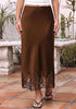 Brown Women's Satin Maxi Skirt — Silky Bias Cut Long Slip Skirt with Easy Pull On Elastic Waistband & Lace Trim Hem