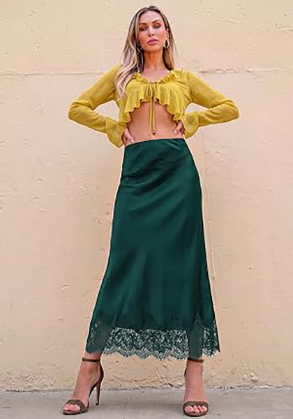 Dark Green Women's Satin Maxi Skirt — Silky Bias Cut Long Slip Skirt with Easy Pull On Elastic Waistband & Lace Trim Hem
