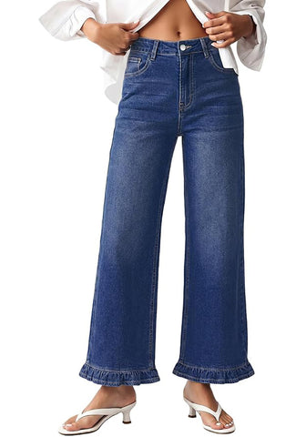 GRAPENT Women's High Waisted Ruffle Hem Wide Leg Jeans | Stretch Denim, 27.5" Inseam, Ankle Cropped, Baggy Fit, Weekend Casual