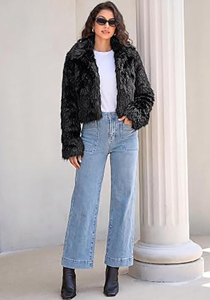 Black Women's Solid Color Shaggy Faux Fur Jacket — Cropped Long Pile Coat with Lapel Collar, Hook Closure & Drop Shoulder