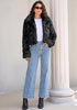 Black Women's Solid Color Shaggy Faux Fur Jacket — Cropped Long Pile Coat with Lapel Collar, Hook Closure & Drop Shoulder