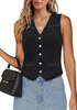 LookbookStore Women Washed Black Casual Sleeveless Denim Vest Button Down Braided Adjustable Waist Western Jean Waistcoat