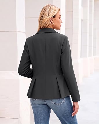 Charcoal Women's  Peplum Suit Jacket Blazer, Tailored Fitted Long Sleeve with Built-in Shoulder Pads, Dressy Casual for Office, Business & Everyday Wear