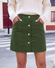 Dark Green Women's Corduroy Short Skirt, Trendy Button Fly Stretchy Fall Skirts with Elastic Back Waist and Functional Pockets, Soft Dressy Casual Fall Outfits