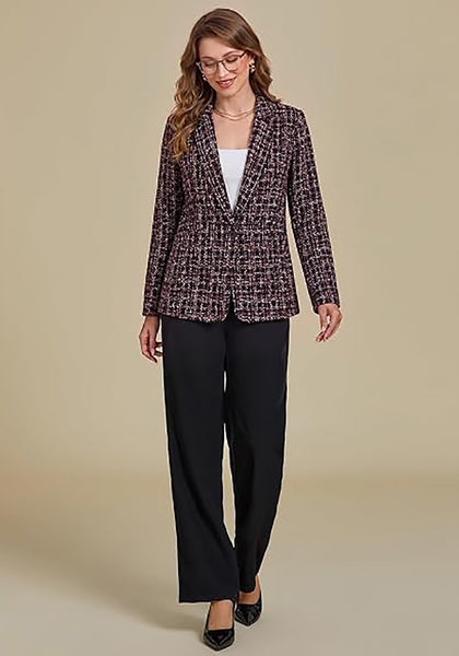 GRAPENT Women's Tweed Plaid Blazer | Notched Lapel, Fully Lined, Shoulder Pads, Single Button, 2 Pockets, Interview Office Business Casual