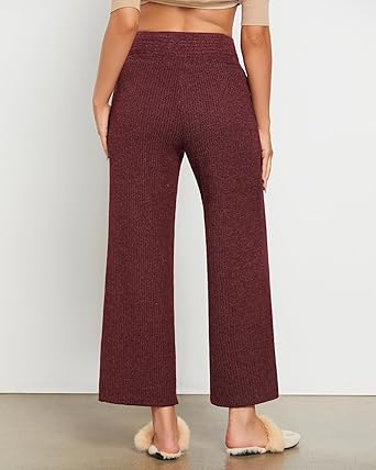 Wine Red  Women's Ankle-Length High-Waist Pants Relaxed Fit Wide-Leg Pull-On Side Pocket