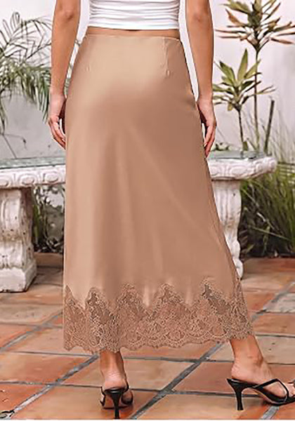 Tan Women's Satin Maxi Skirt — Silky Bias Cut Long Slip Skirt with Easy Pull On Elastic Waistband & Lace Trim Hem