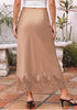 Tan Women's Satin Maxi Skirt — Silky Bias Cut Long Slip Skirt with Easy Pull On Elastic Waistband & Lace Trim Hem