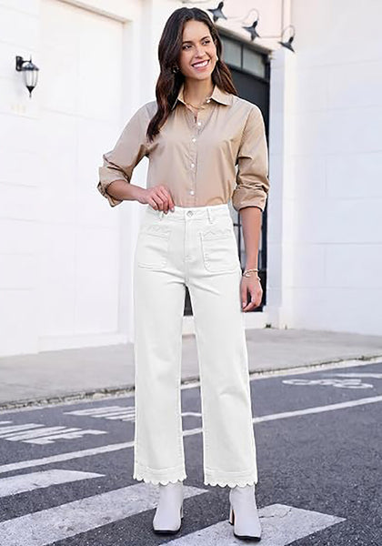 GRAPENT Women's High Waisted Scalloped Ankle Jeans | Stretchy Denim, Straight Wide Leg, 27.5" Inseam, Patched Pockets, Work Office Dressy Casual