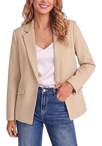 Light Khaki Women's Notched Lapel Blazer, Single Button Shoulder Pads Suit Jacket, Long Sleeve Business Casual Work Office Blazer with Pockets & Back Slit