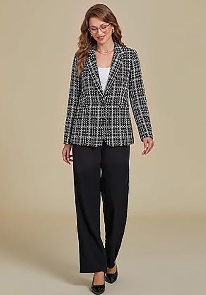 Black &White Women's Plaid Tweed Work Blazer | Long Sleeve Notched Lapel Jacket, Fully Lined, Shoulder Pads, Single Button, 2 Pockets – Office, Interview, Business Casual