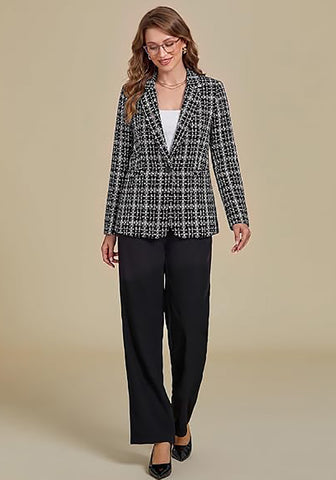 GRAPENT Women's Tweed Plaid Blazer | Notched Lapel, Fully Lined, Shoulder Pads, Single Button, 2 Pockets, Interview Office Business Casual