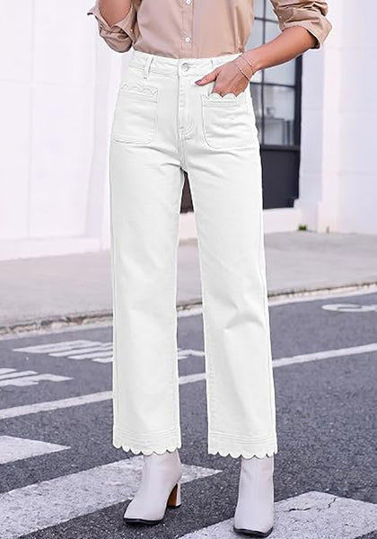 GRAPENT Women's High Waisted Scalloped Ankle Jeans | Stretchy Denim, Straight Wide Leg, 27.5" Inseam, Patched Pockets, Work Office Dressy Casual