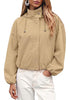 Beige Women's Trendy Funnel Neck Bomber Jacket — Oversized Cropped Zip Up Hooded Jacket with Stand Collar & Elastic Cuff Hem