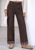 Dark Brown Women's High Rise Wide Leg Jeans — Stretchy Denim Pants with Double Button Waistband, Vertical Seam & Contrast Plaid Cuffs