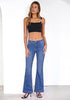 Medium Blue Flare Jeans for Women Mid Rise Bootcut Denim Pants Distressed Stretchy Retro Y2K Washed Date Night Outfit Nashville Western Style