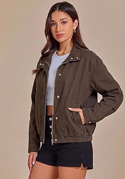Chocolate Brown Women's Funnel Neck Denim Jacket — Oversized Zip Up Jean Jacket with Drop Shoulder, Elastic Hem & Side Slant Pockets