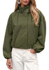 Army Green Women's Trendy Funnel Neck Bomber Jacket — Oversized Cropped Zip Up Hooded Jacket with Stand Collar & Elastic Cuff Hem
