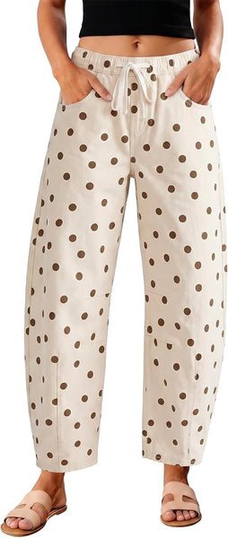 GRAPENT Women's High Rise Polka Dot Barrel Jeans | Stretch Denim, Elastic Drawstring Waist, 27" Inseam, Cropped, Dressy Casual Daily Wear