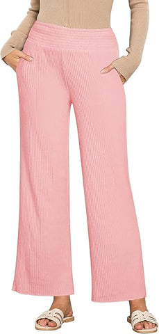 Pink Women's Ankle-Length High-Waist Pants Relaxed Fit Wide-Leg Pull-On Side Pocket