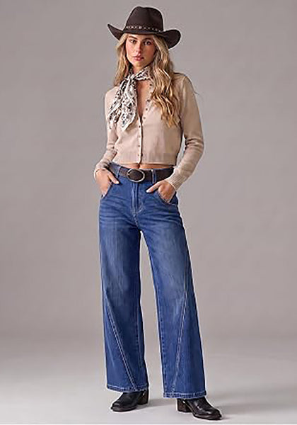 Darkness Blue  Women's Wide Leg High Waist Stretch Jeans Baggy Straight Leg Denim Pants,  29.5 Inch Inseam Angled Side Seam, Country Concert Western Style