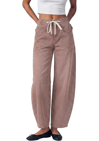 GRAPENT Women's High Waisted Barrel Jeans | Stretchy Denim, Elastic Drawstring Waist, 27.5" Inseam, Front Patch Pockets, Dressy Casual Outfits