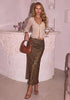 Dark Brown Cheetah Women's Leopard Print Satin Maxi Skirt — High Waisted Bias Cut A Line Slip Skirt with Stretchy Elastic Waistband