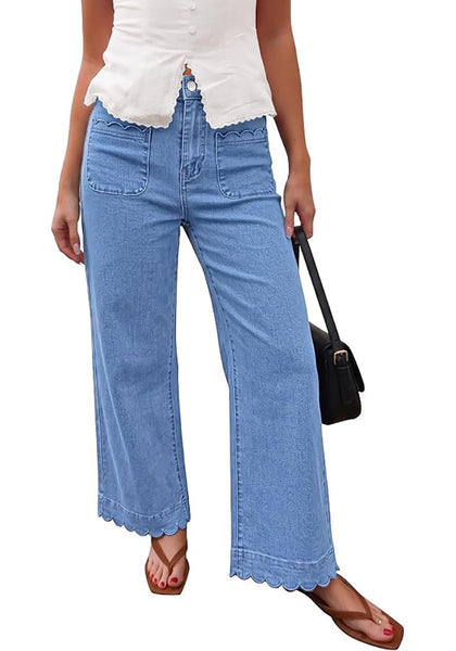 GRAPENT Women's High Waisted Scalloped Ankle Jeans | Stretchy Denim, Straight Wide Leg, 27.5" Inseam, Patched Pockets, Work Office Dressy Casual