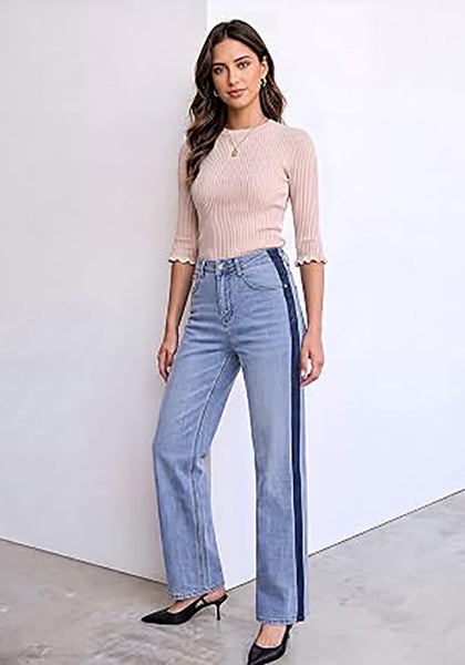 Lakeside Blue Women's High Waisted Straight Leg Jeans, Tuxedo Side Stripe Stretchy Denim Pants, 29" Inseam Relaxed Fit 90s Style Concert Outfits
