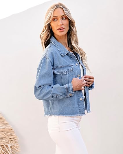 Daylight Blue Women's Denim Collared Jacket With Flap Pocket Button UP Raw Hem Detail Long Sleeve Jean Jackets