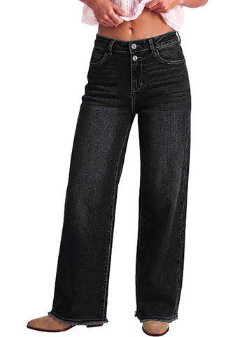 Washed Black Women's High Waisted Wide Leg Jeans by luvamia — Stretchy 90s Baggy Straight Denim, Raw Hem, Button Front, 29.5" Inseam, Casual Western Work Pants