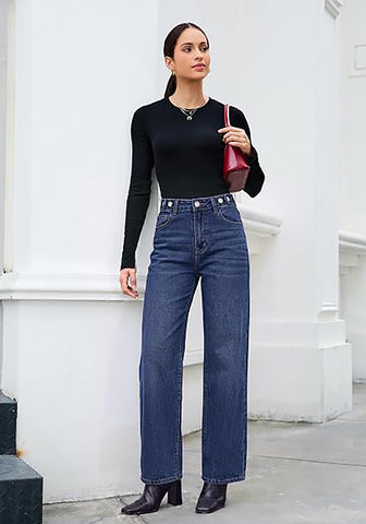 GRAPENT Women's High Rise Wide Leg Jeans | Stretchy Denim, Adjustable Cinch Waist, 30" Inseam, 90s Baggy Straight, Everyday Dressy Casual