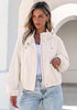 Cream White Women's Trendy Funnel Neck Bomber Jacket — Oversized Cropped Zip Up Hooded Jacket with Stand Collar & Elastic Cuff Hem