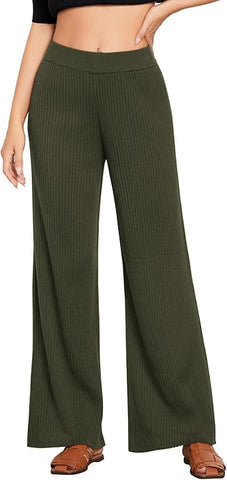 Army Green Women's Casual Elastic Waist Full Length High Waisted Relaxed Fit Stretch Wide Leg Pants in Acrylic Fibers