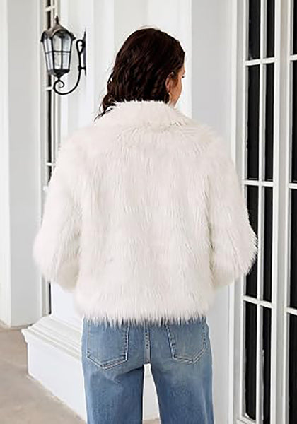 Cream White  Women's Solid Color Shaggy Faux Fur Jacket — Cropped Long Pile Coat with Lapel Collar, Hook Closure & Drop Shoulder