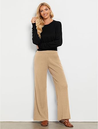 Beige Women's Casual Elastic Waist Full Length High Waisted Relaxed Fit Stretch Wide Leg Pants in Acrylic Fibers