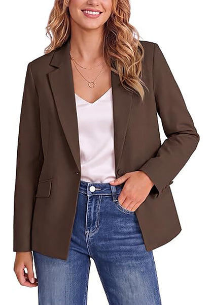 Coffee Brown Women's Notched Lapel Blazer, Single Button Shoulder Pads Suit Jacket, Long Sleeve Business Casual Work Office Blazer with Pockets & Back Slit