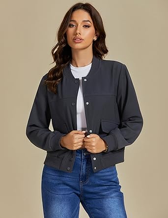 Charcoal Women's Casual Fully Buttoned Jackets Baseball Collar Front Pocket Moderate Fit Slight Stretch.