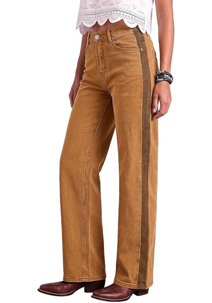 Golden Brown Women's High Waisted Straight Leg Jeans, Tuxedo Side Stripe Stretchy Denim Pants, 29" Inseam Relaxed Fit 90s Style Concert Outfits