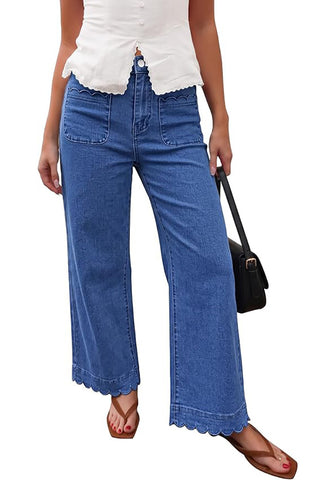 GRAPENT Women's High Waisted Scalloped Ankle Jeans | Stretchy Denim, Straight Wide Leg, 27.5" Inseam, Patched Pockets, Work Office Dressy Casual