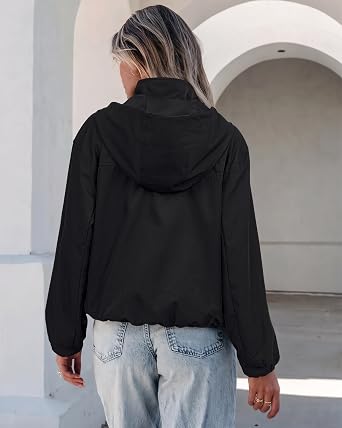 Black Women's Trendy Funnel Neck Bomber Jacket — Oversized Cropped Zip Up Hooded Jacket with Stand Collar & Elastic Cuff Hem