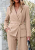 Khaki Women's 2 Piece Blazer Pants Suit, Business Casual Long Sleeve Belted Double Breasted Blazer & Elastic High Waisted Flared Pants Set, Dressy Office Work Outfits