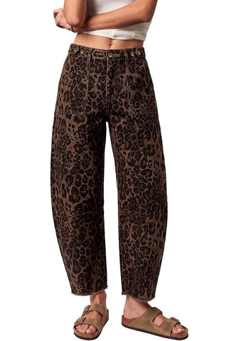 GRAPENT Women's High Rise Leopard Barrel Jeans | Leopard Print Denim, Adjustable Cinched Waist, Frayed Hem, 28" Inseam, Country Concert Casual Work Wear