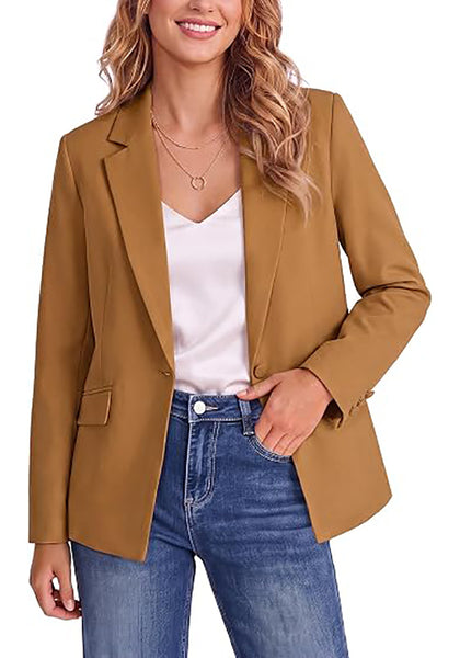 Brown Women's Notched Lapel Blazer, Single Button Shoulder Pads Suit Jacket, Long Sleeve Business Casual Work Office Blazer with Pockets & Back Slit
