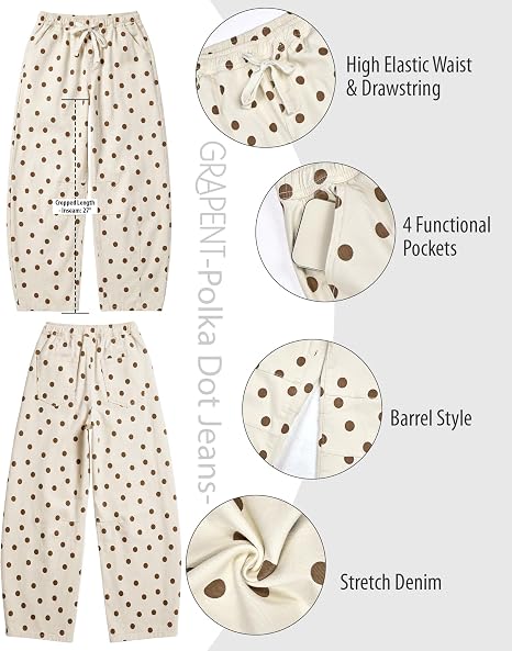 GRAPENT Women's High Rise Polka Dot Barrel Jeans | Stretch Denim, Elastic Drawstring Waist, 27" Inseam, Cropped, Dressy Casual Daily Wear