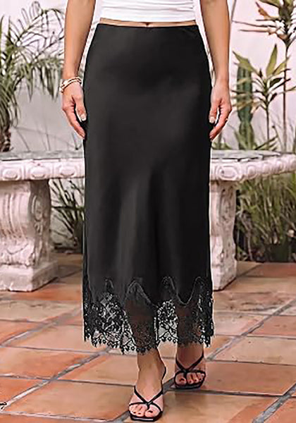 Black Women's Satin Maxi Skirt — Silky Bias Cut Long Slip Skirt with Easy Pull On Elastic Waistband & Lace Trim Hem
